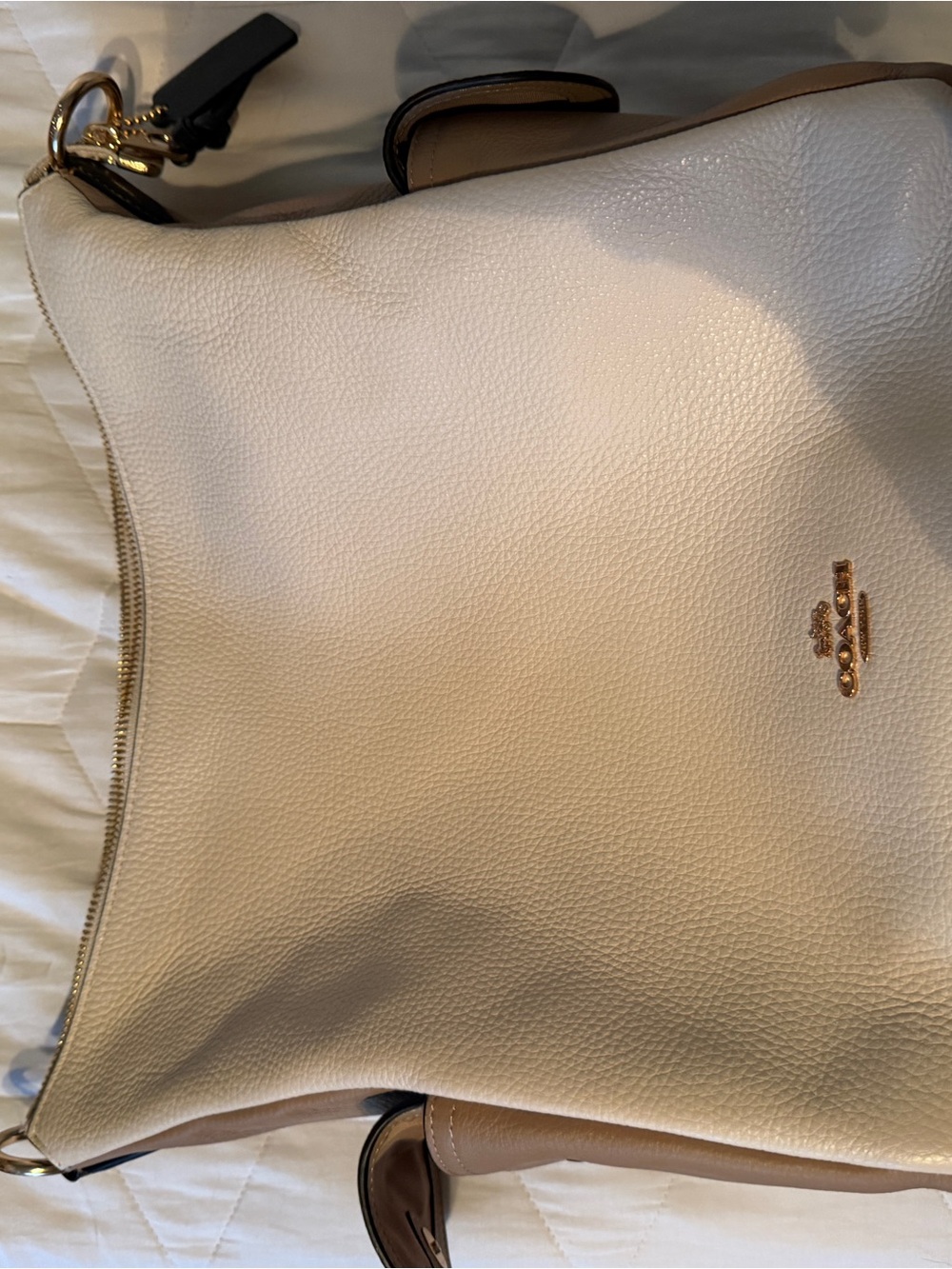 Coach Pebbled Leather Shoulder Bag in Cream and Tan with Gold Hardware